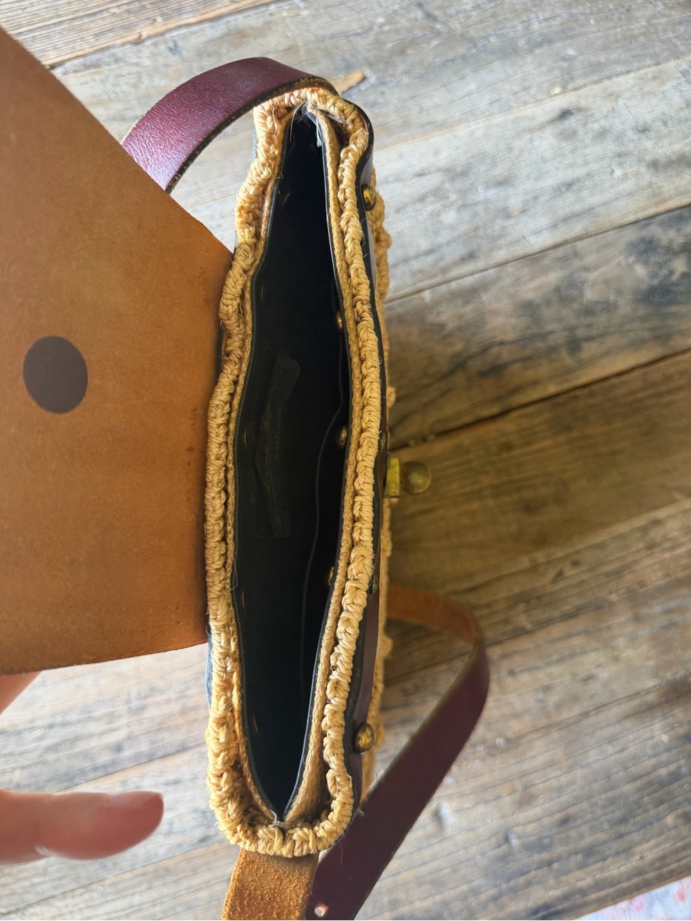 Woven Straw Crossbody Bag with Burgundy Leather Trim and a Brass Horse - Picture 8 of 8